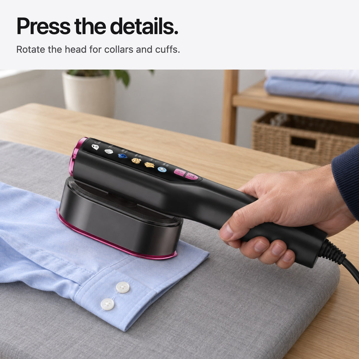 Carter & Cole steamer with elongated rotating head pressing a shirt cuff