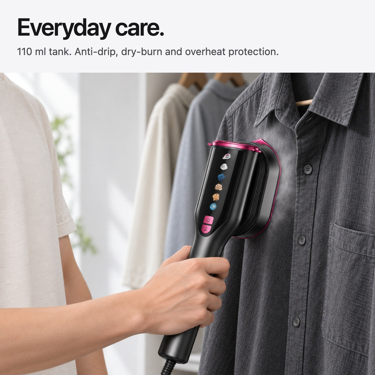 Carter & Cole garment care with 110 ml tank and supplier-stated anti-drip dry-burn and overheat protection