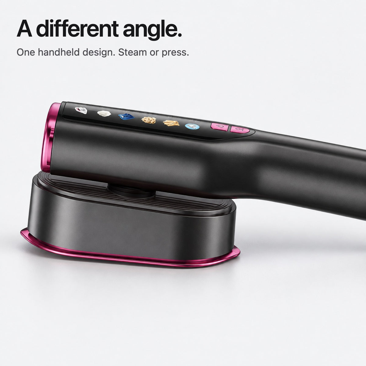 Side profile of the Carter & Cole rotating head with elongated housing and slim magenta soleplate edge