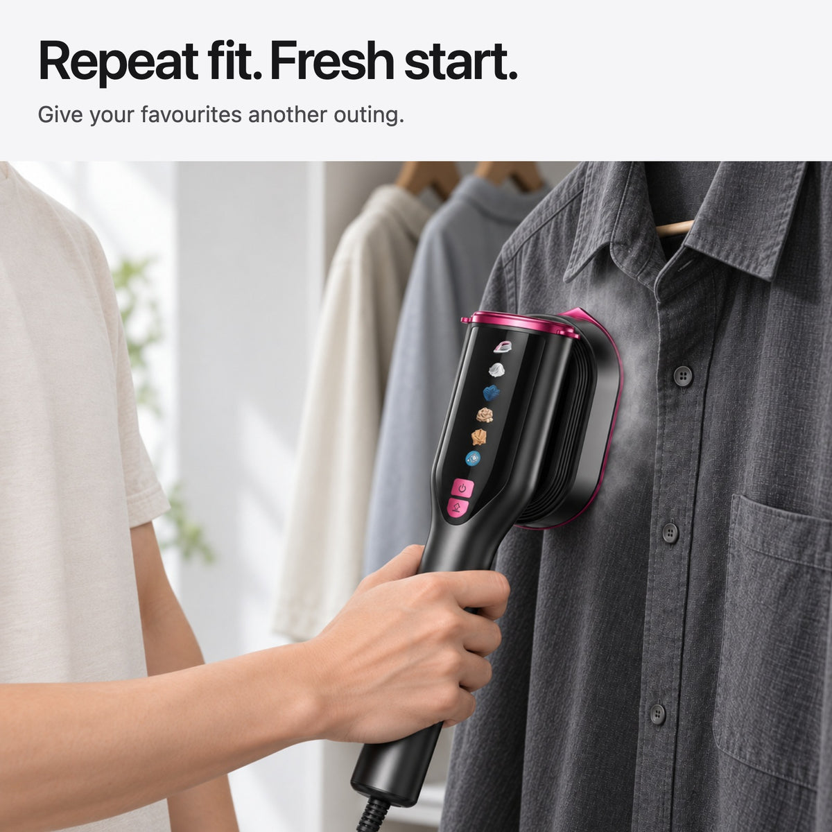 Carter & Cole upright steamer used to touch up a favorite dark cotton shirt