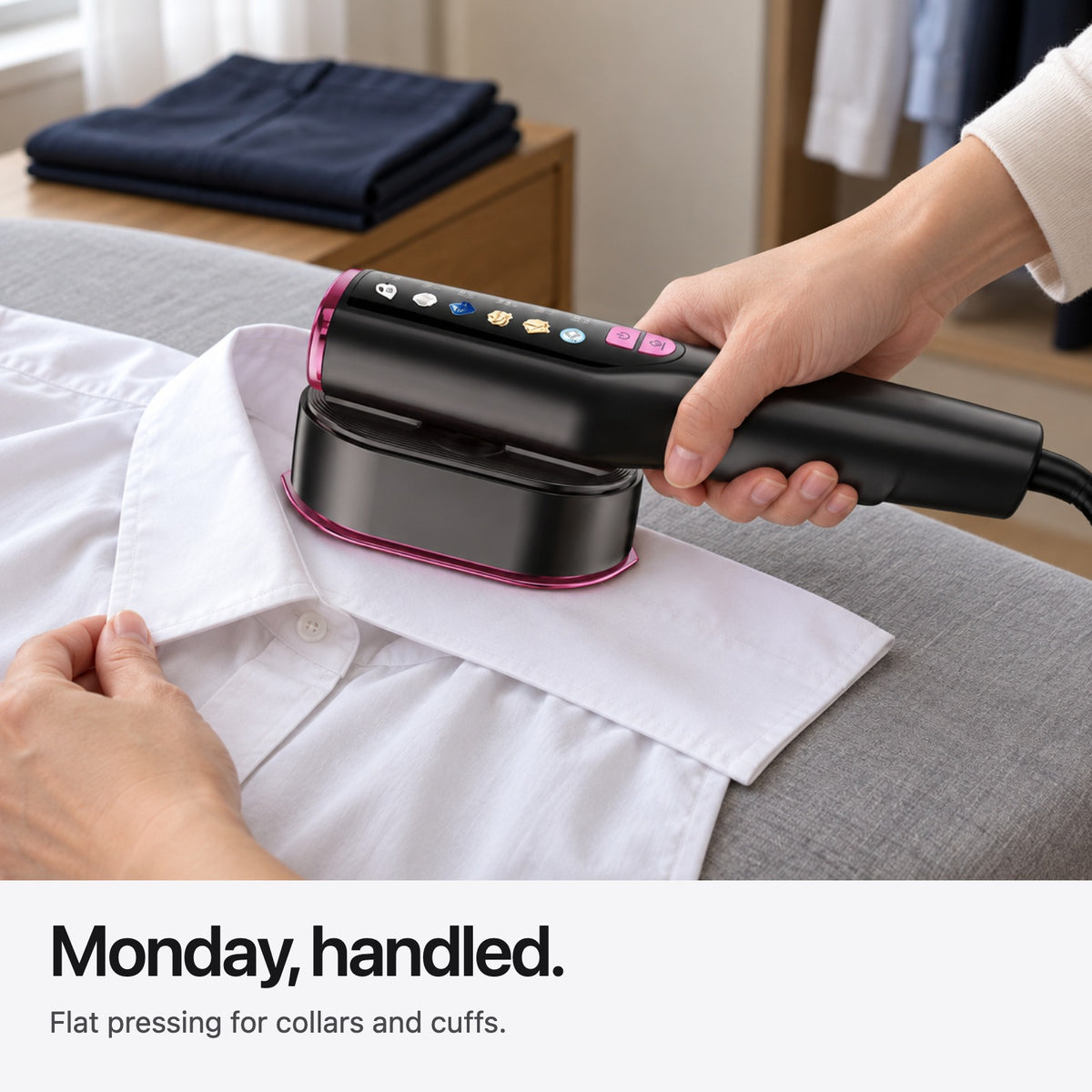 Carter & Cole rotating head presses a white shirt collar on an ironing surface
