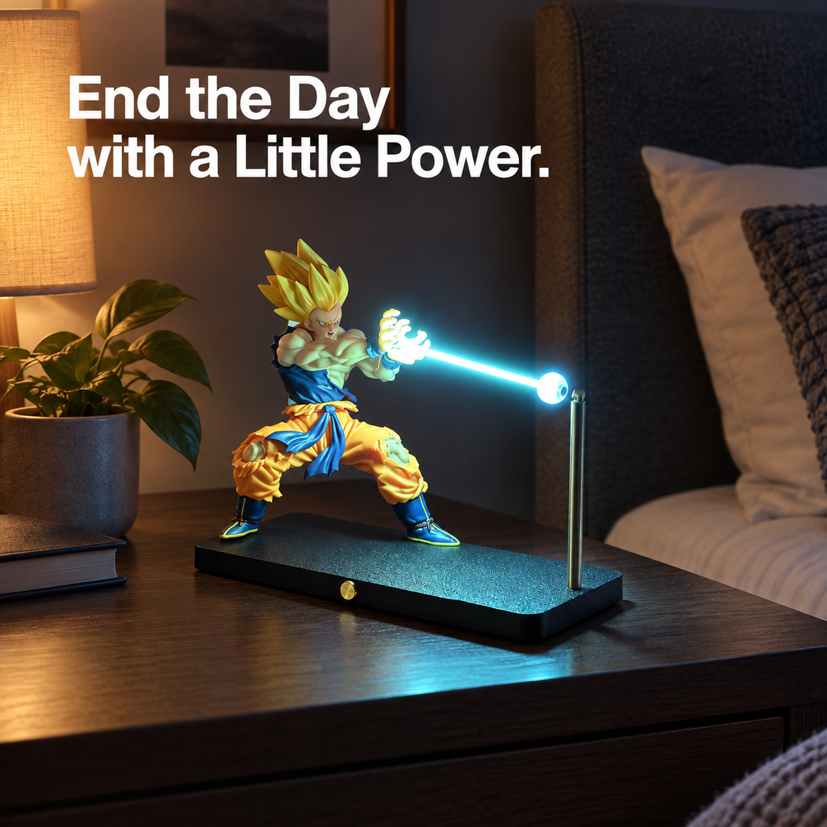 Super Saiyan Goku Blue Energy Lamp bedside view.
