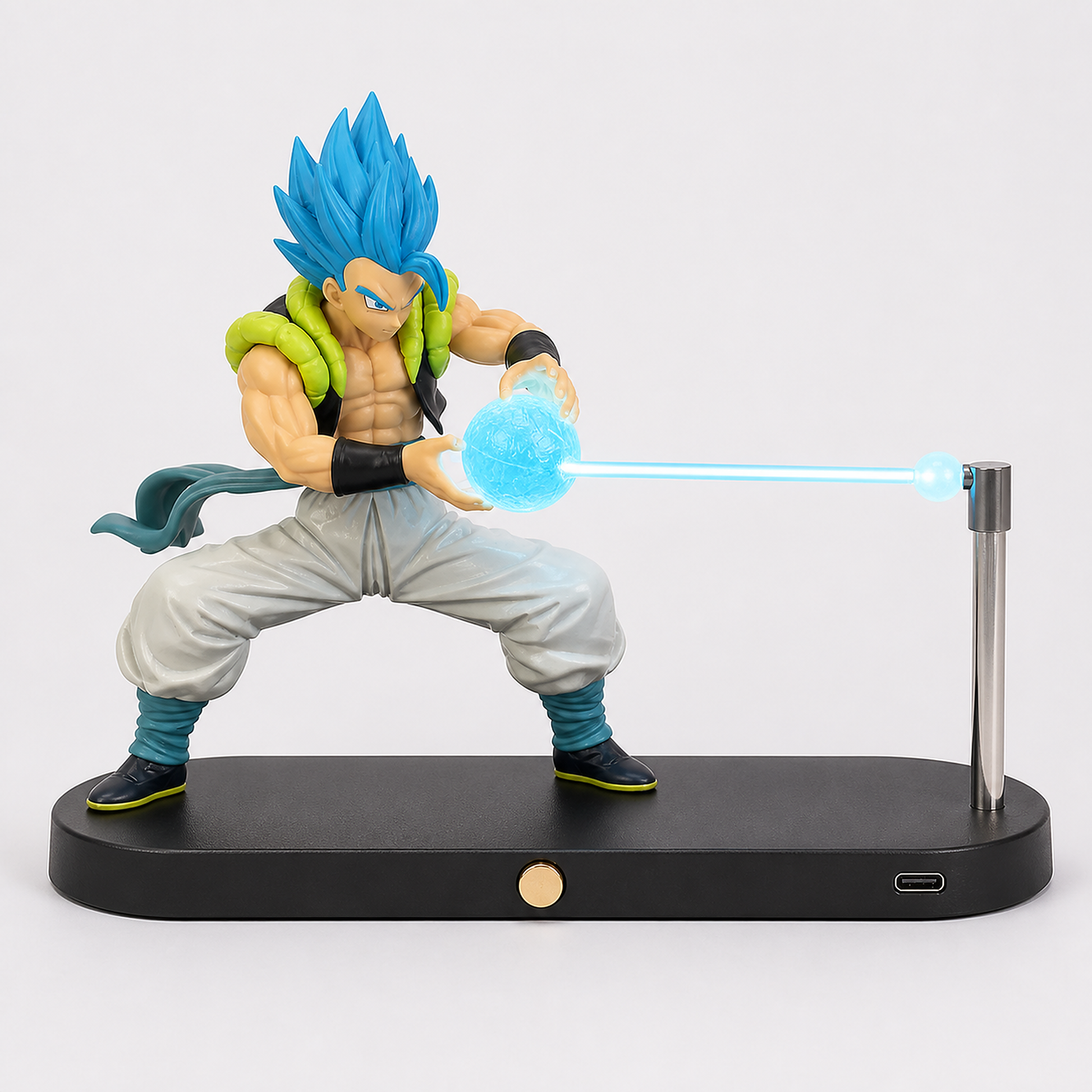 Gogeta Blue cyan-energy rechargeable display lamp, front three-quarter studio view.