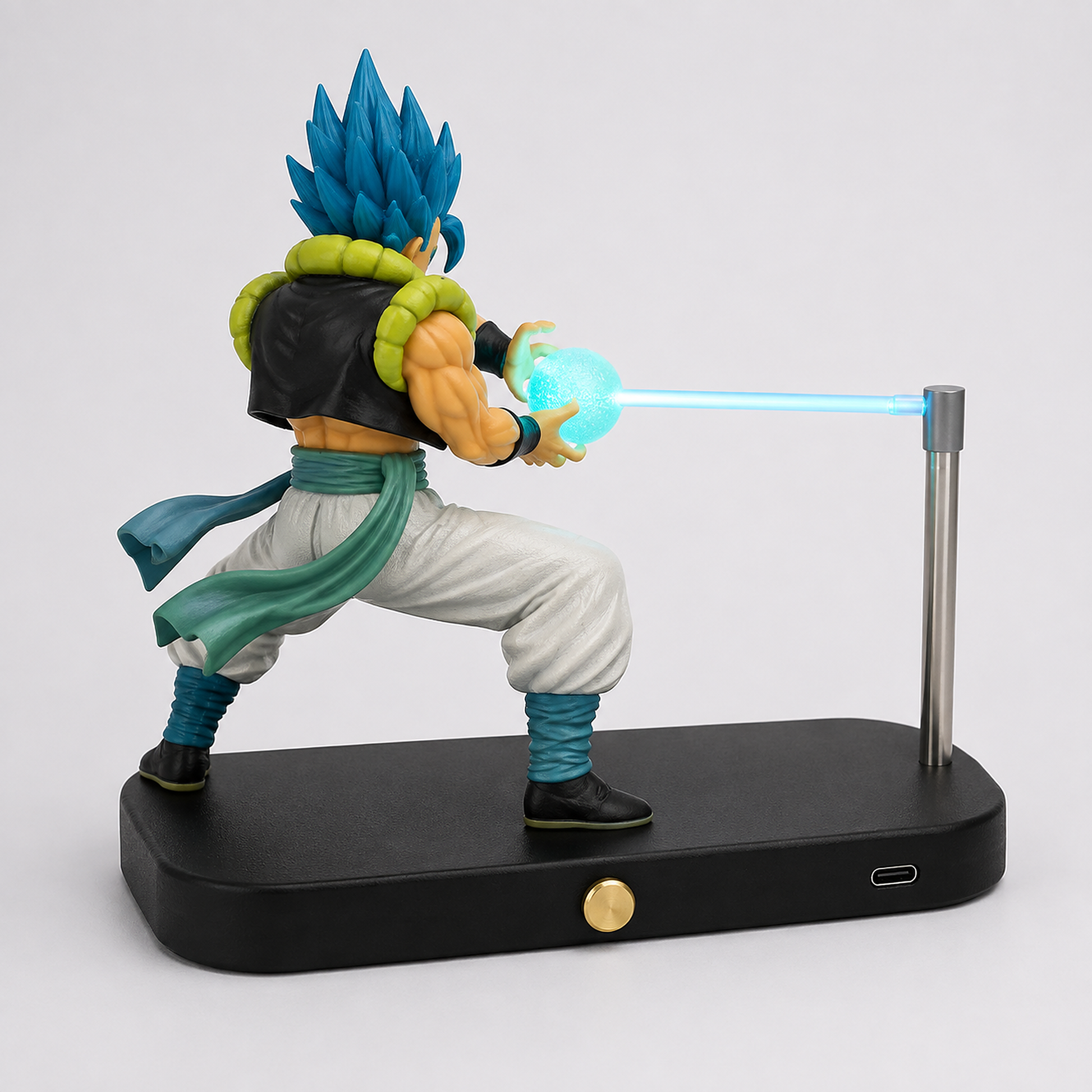 Gogeta Blue cyan-energy rechargeable display lamp, rear three-quarter studio view.