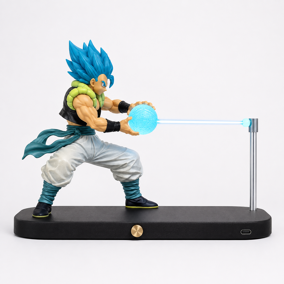 Gogeta Blue cyan-energy rechargeable display lamp, side-profile studio view.