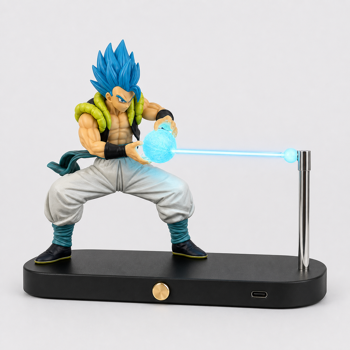 Gogeta Blue cyan-energy display lamp with the gold base control and USB-C port visible.