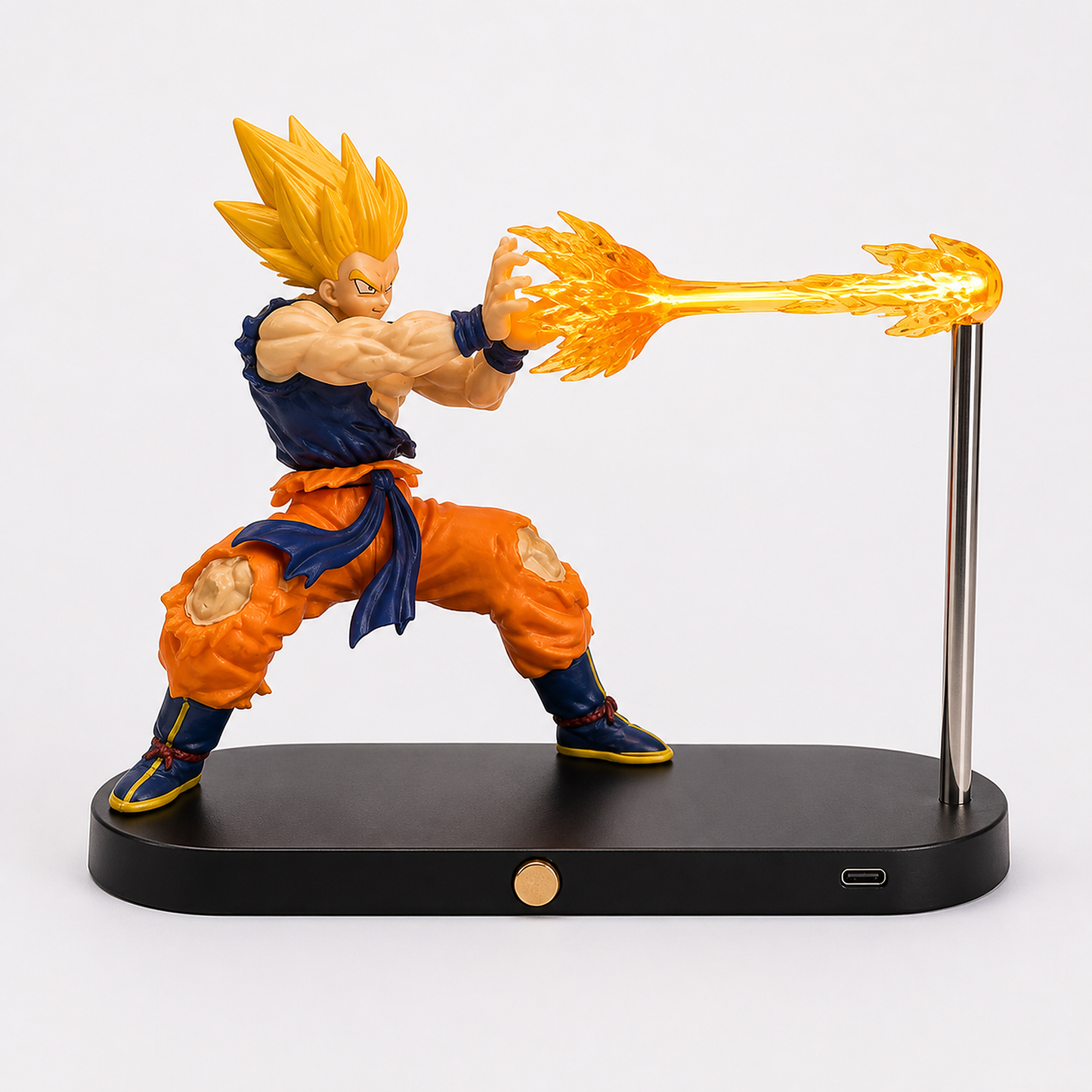 Super Saiyan Goku orange-energy rechargeable display lamp, front three-quarter studio view.