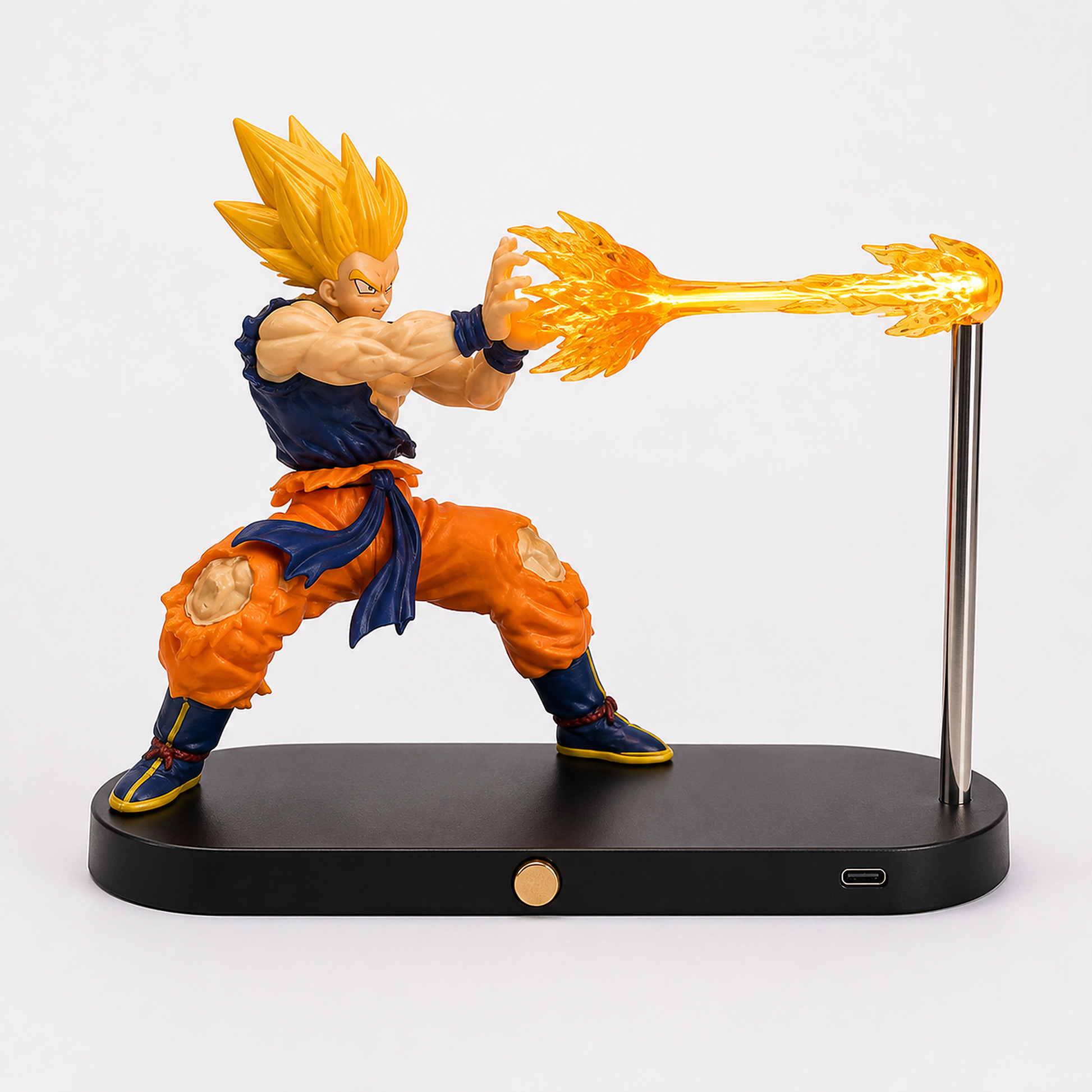 Super Saiyan Goku orange-energy rechargeable display lamp, front three-quarter studio view.