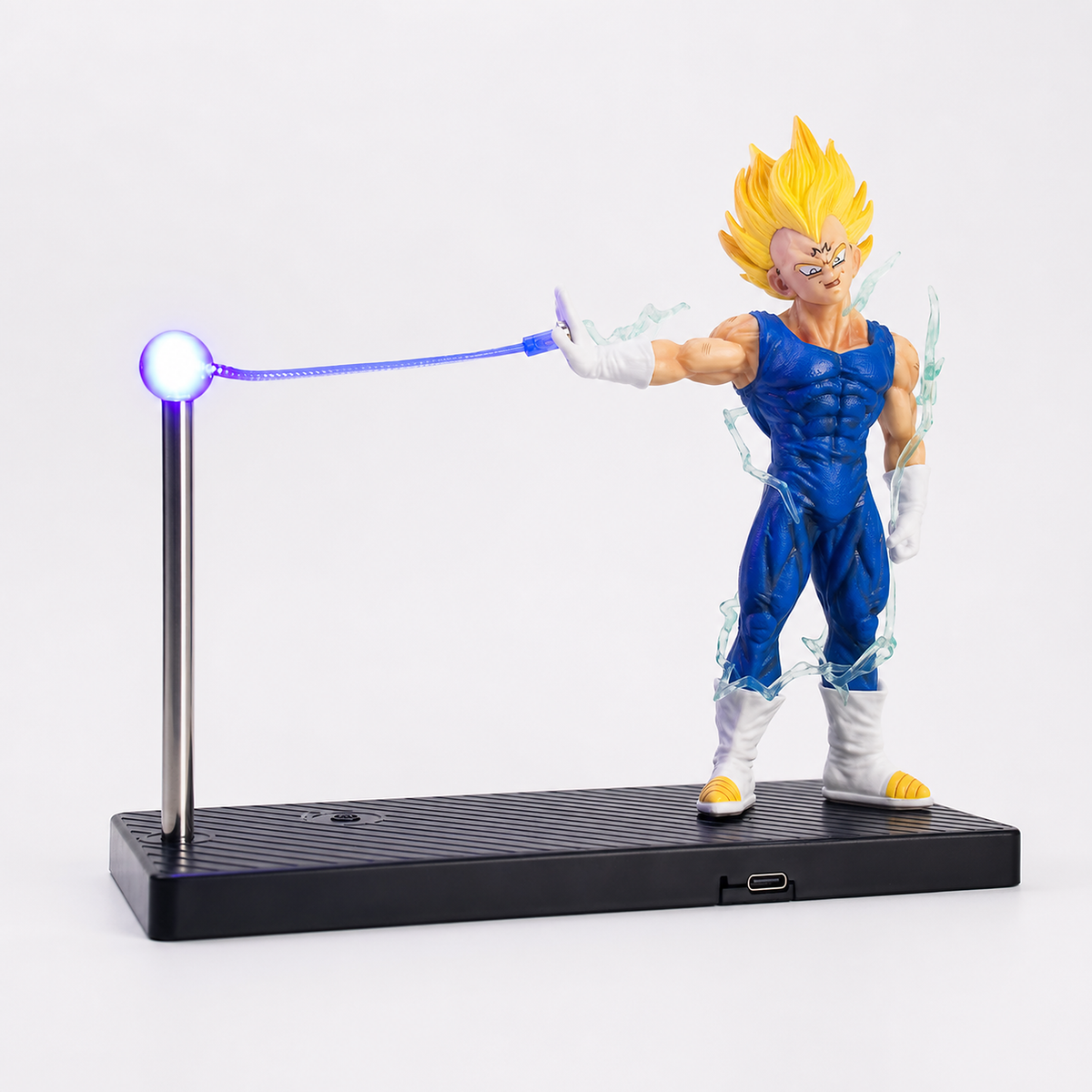 Majin Vegeta violet-energy rechargeable display lamp, front three-quarter studio view.