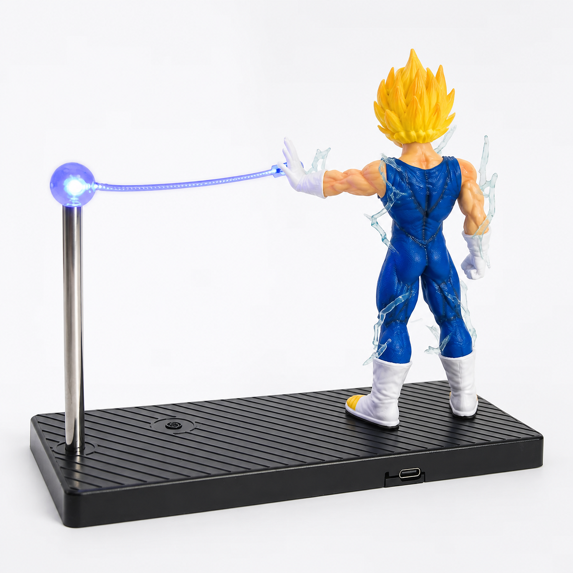 Majin Vegeta violet-energy rechargeable display lamp, rear three-quarter studio view.