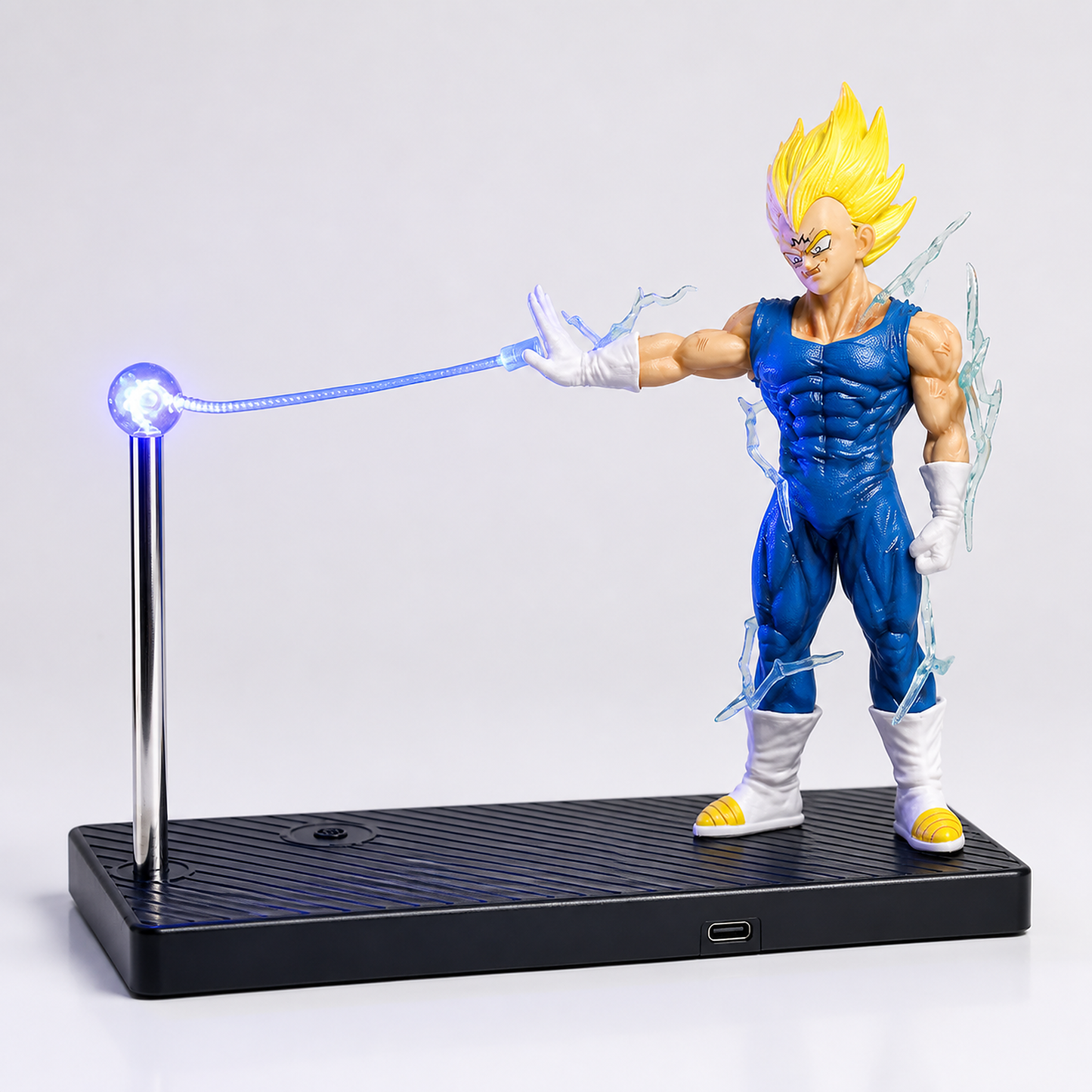 Majin Vegeta violet-energy rechargeable display lamp, side-profile studio view.