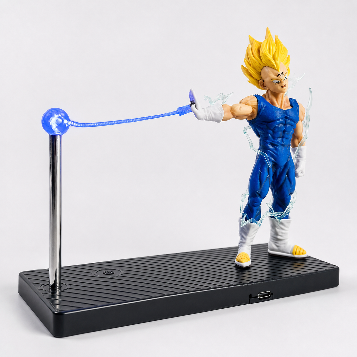 Majin Vegeta violet-energy rechargeable display lamp with the base control and USB-C port visible.