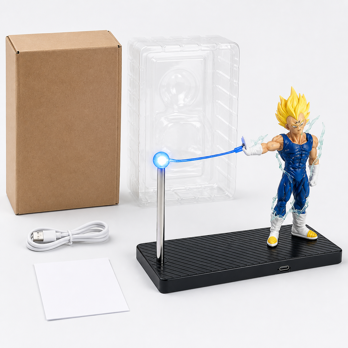 Majin Vegeta violet-energy display lamp shown with its packaging and accessories.