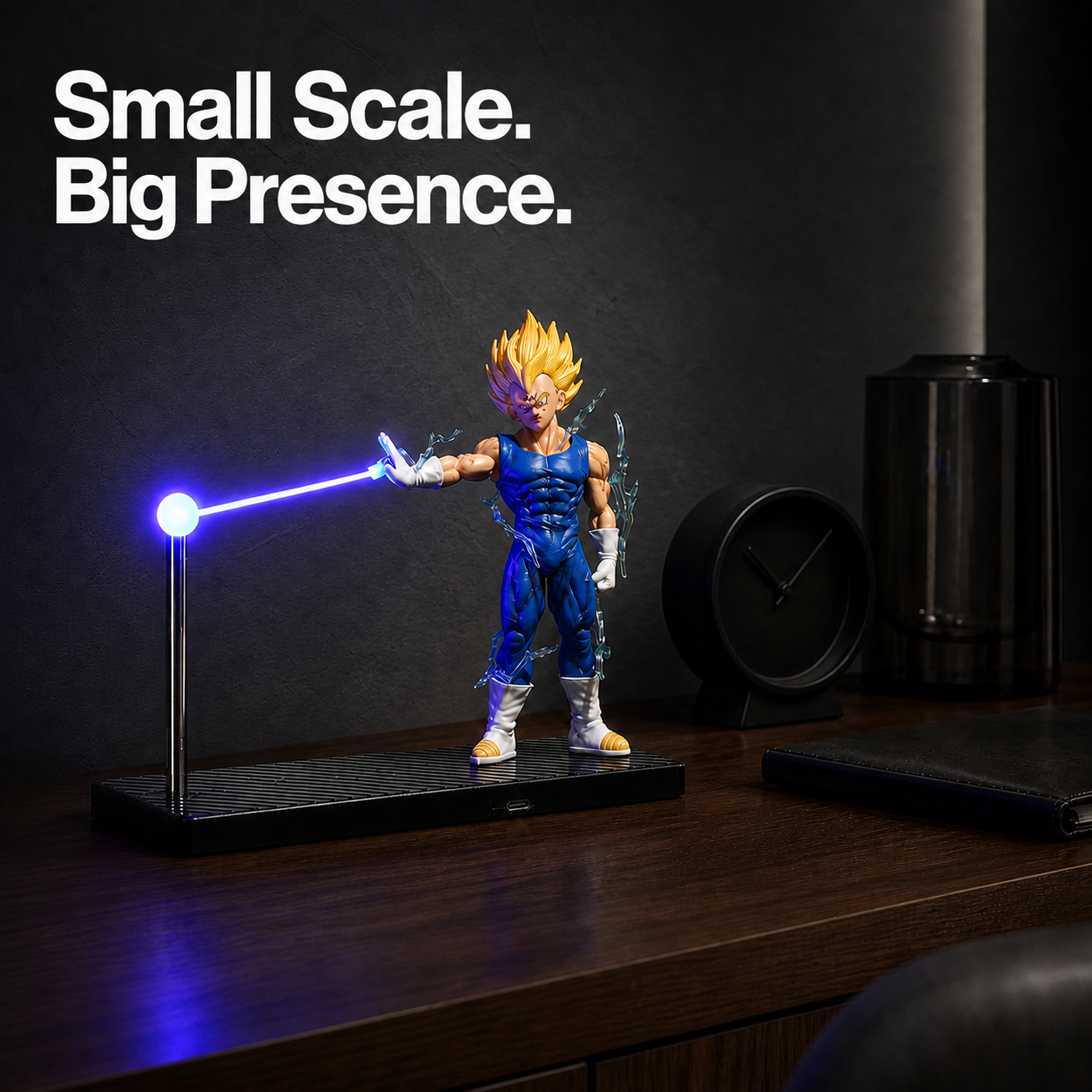 Majin Vegeta violet energy lamp in a dark office setting. Small Scale. Big Presence.