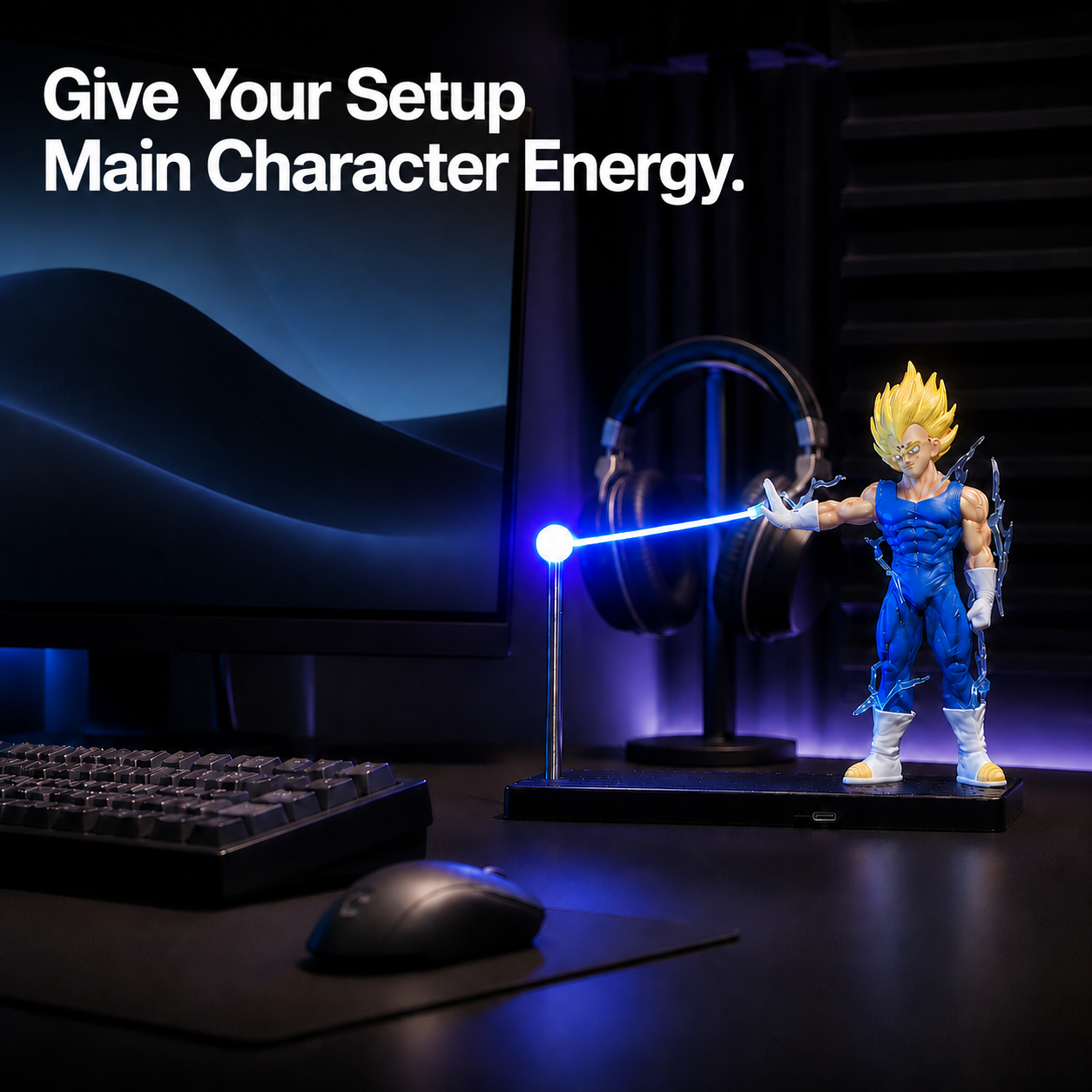 Majin Vegeta violet energy lamp in a dark gaming setting. Give Your Setup Main Character Energy.