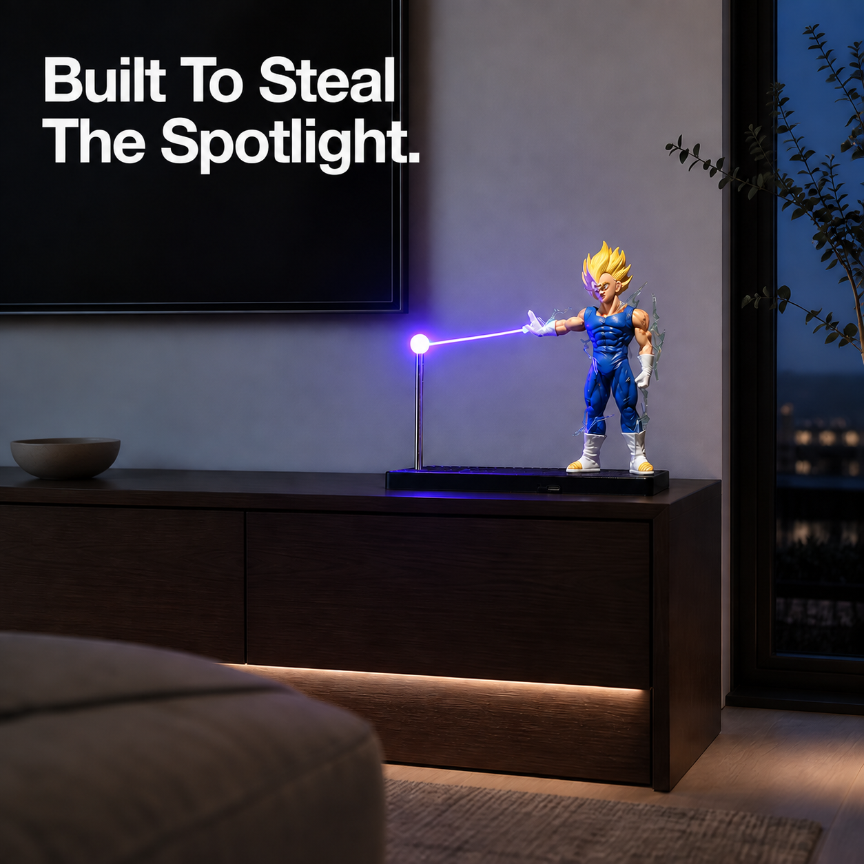 Majin Vegeta violet energy lamp in a dark tv cabinet setting. Built To Steal The Spotlight.