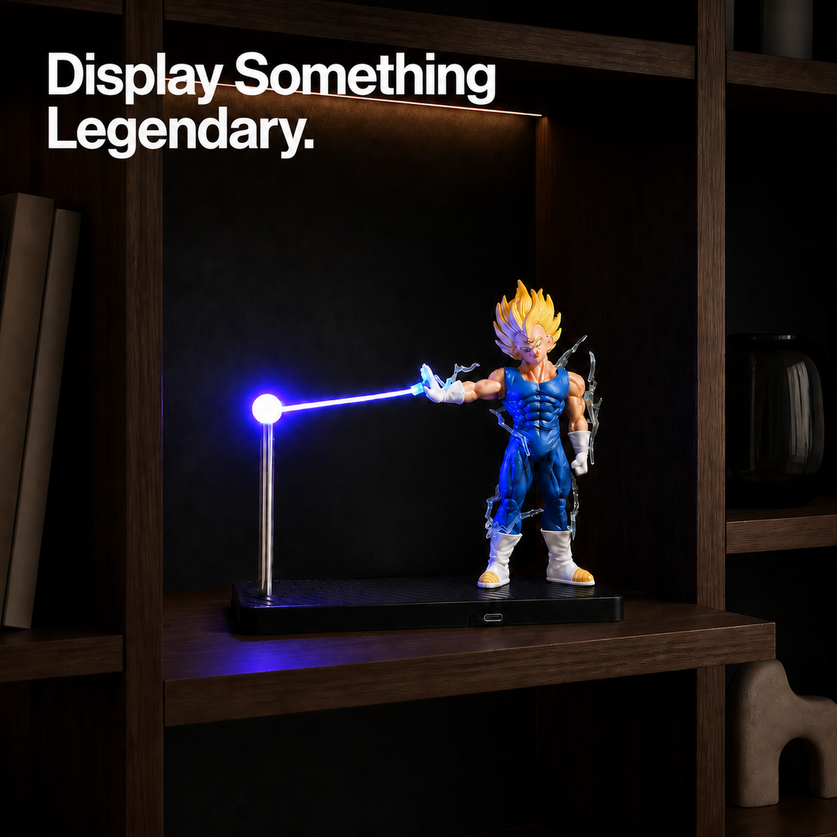 Majin Vegeta violet energy lamp in a dark display shelf setting. Display Something Legendary.