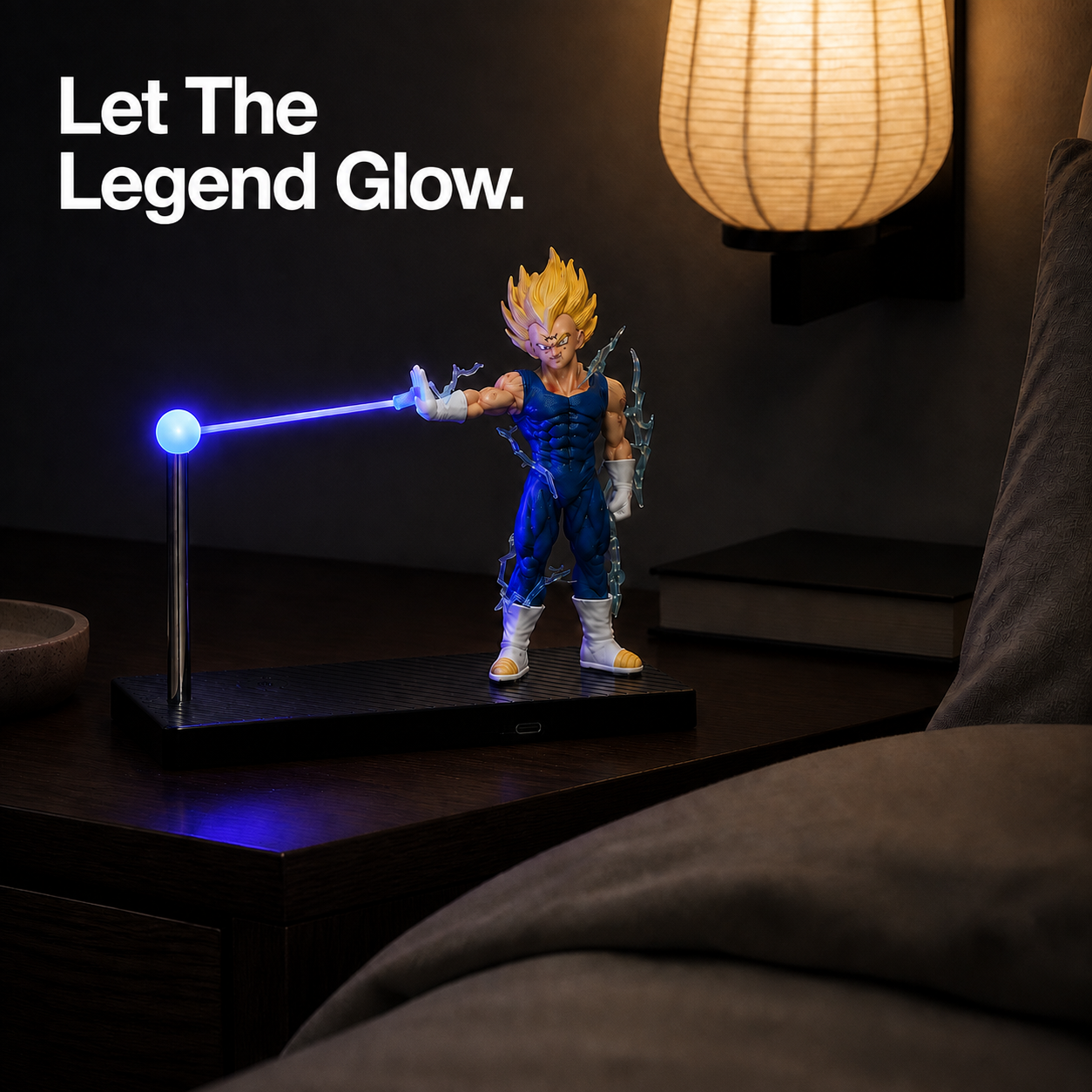 Majin Vegeta violet energy lamp in a dark bedside setting. Let The Legend Glow.