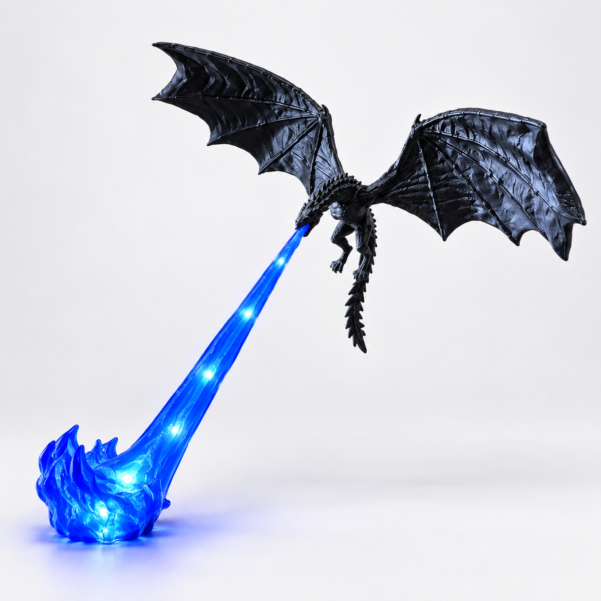 Large Blue Flame Dragonfire lamp, complete studio view, with bright LED points in the translucent flame beam and foot.