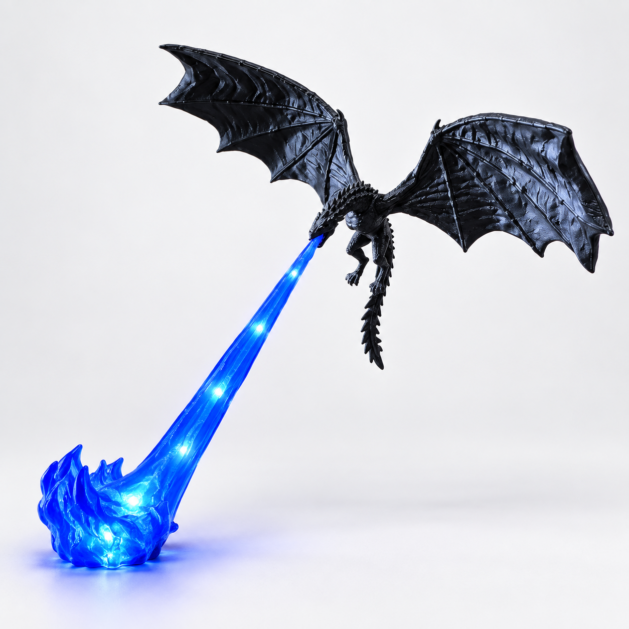 Large Blue Flame Dragonfire lamp, complete studio view, with bright LED points in the translucent flame beam and foot.
