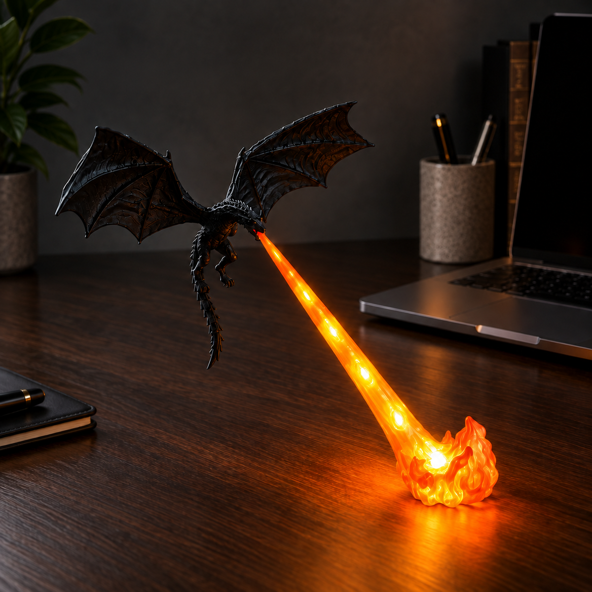 Large Orange Flame Dragonfire lamp, displayed on a dark desk, with bright LED points in the translucent flame beam and foot.