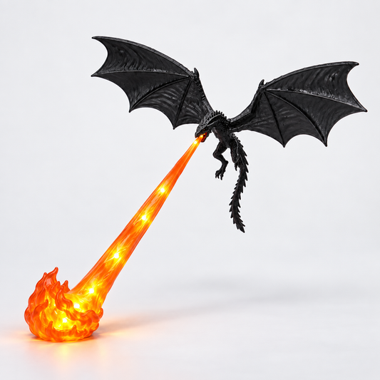 Large Orange Flame Dragonfire lamp, complete studio view, with bright LED points in the translucent flame beam and foot.