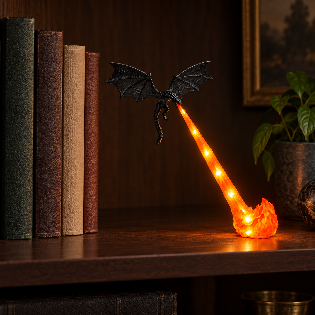 Small Orange Flame Dragonfire lamp, displayed on a bookshelf, with bright LED points in the translucent flame beam and foot.