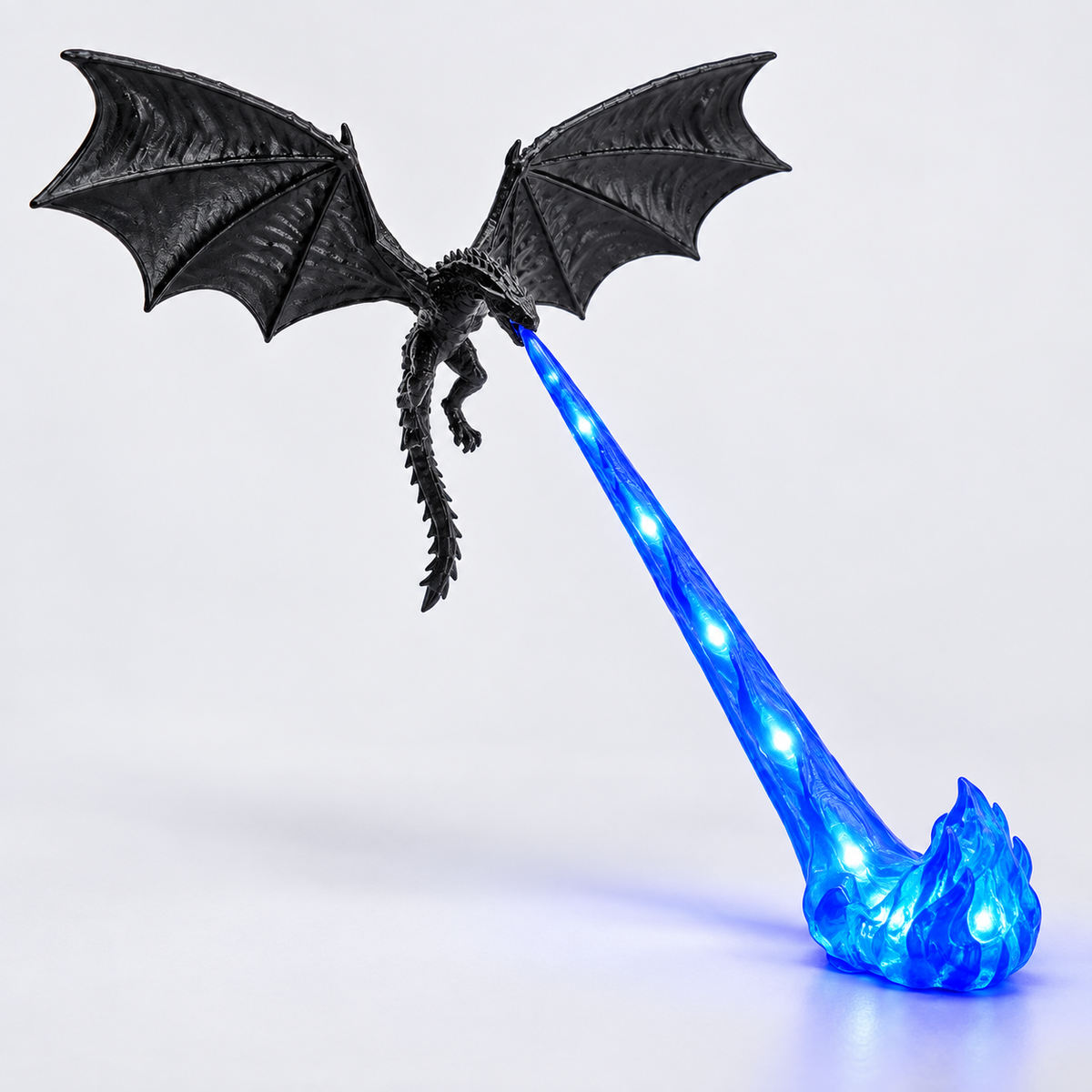 XL Blue Flame Dragonfire lamp, close view of the complete sculpture, with bright LED points in the translucent flame beam and foot.