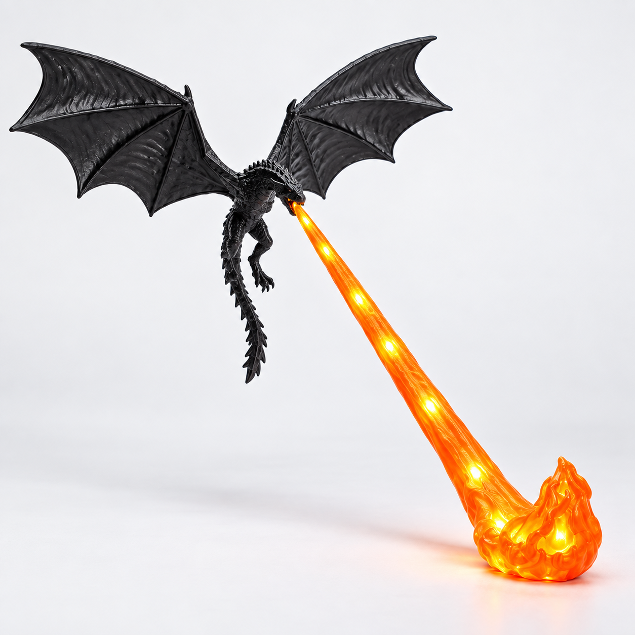 XL Orange Flame Dragonfire lamp, complete studio view, with bright LED points in the translucent flame beam and foot.