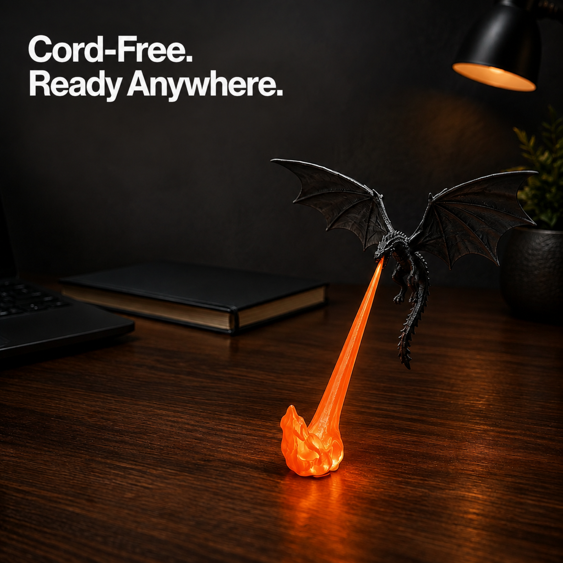 Dragonfire lamp glowing on a dark desk with the headline Cord-Free. Ready Anywhere.