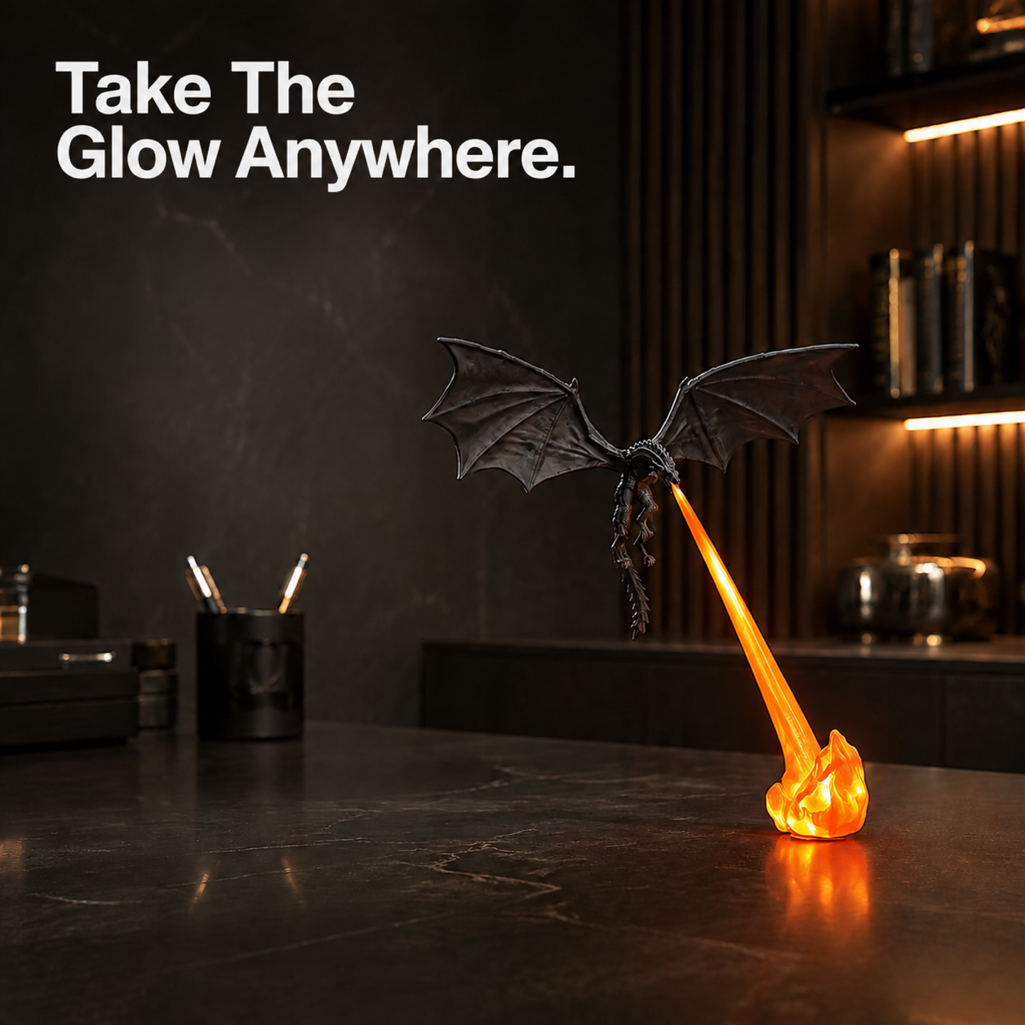 Dragonfire lamp glowing in a dark office with the headline Take The Glow Anywhere.