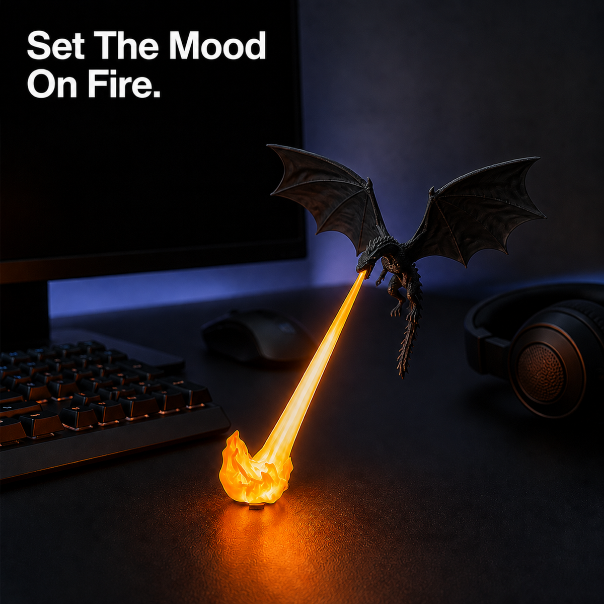 Dragonfire lamp glowing in a gaming setup with the headline Set The Mood On Fire.