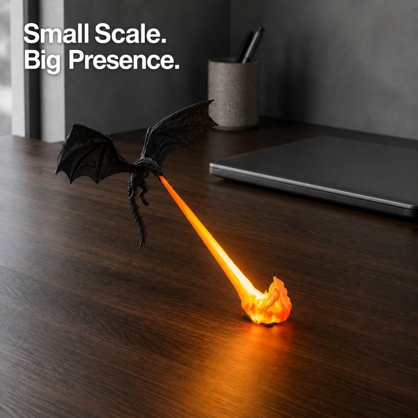 Compact Dragonfire lamp on a tabletop with the headline Small Scale. Big Presence.