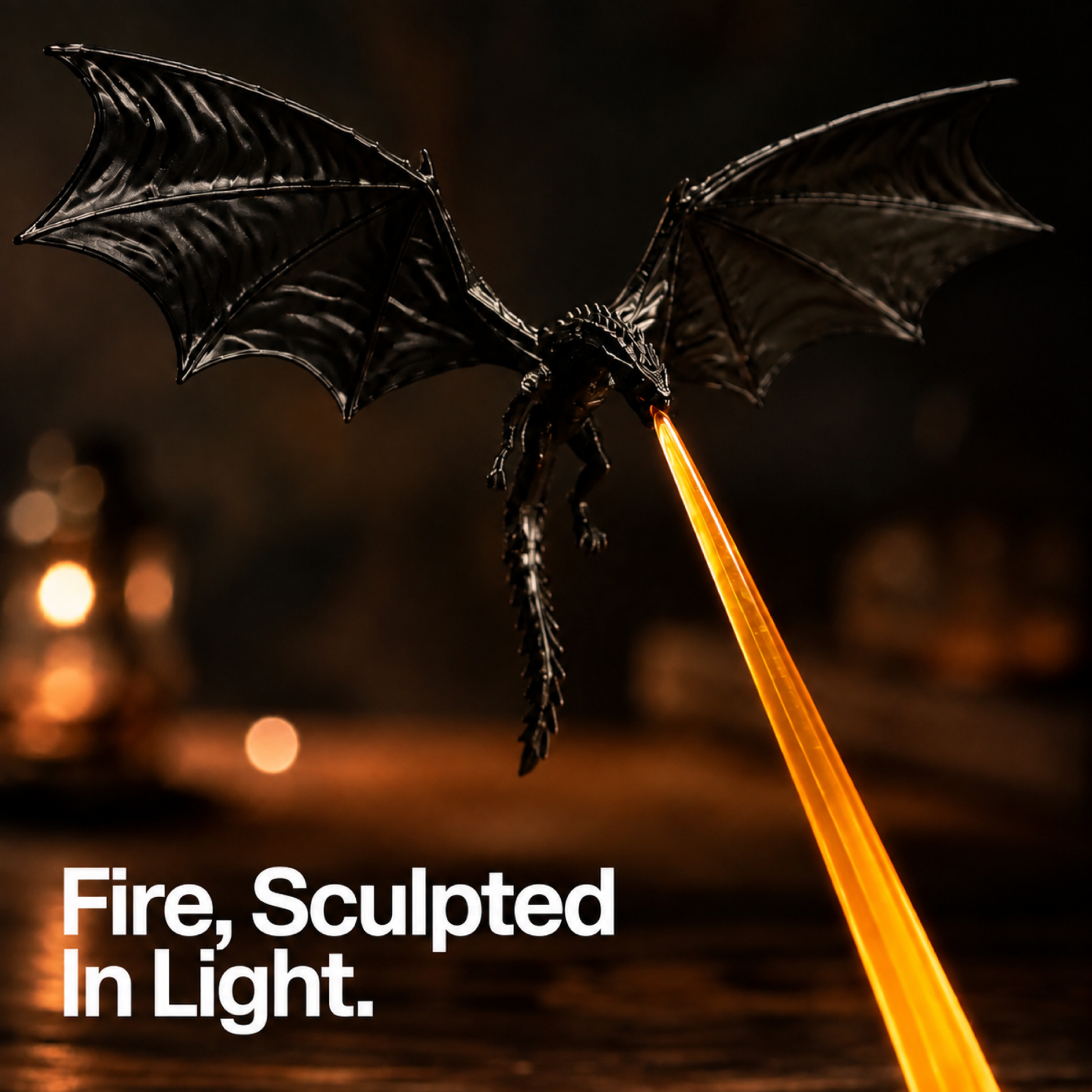 Close Dragonfire lamp detail with the headline Fire, Sculpted In Light.