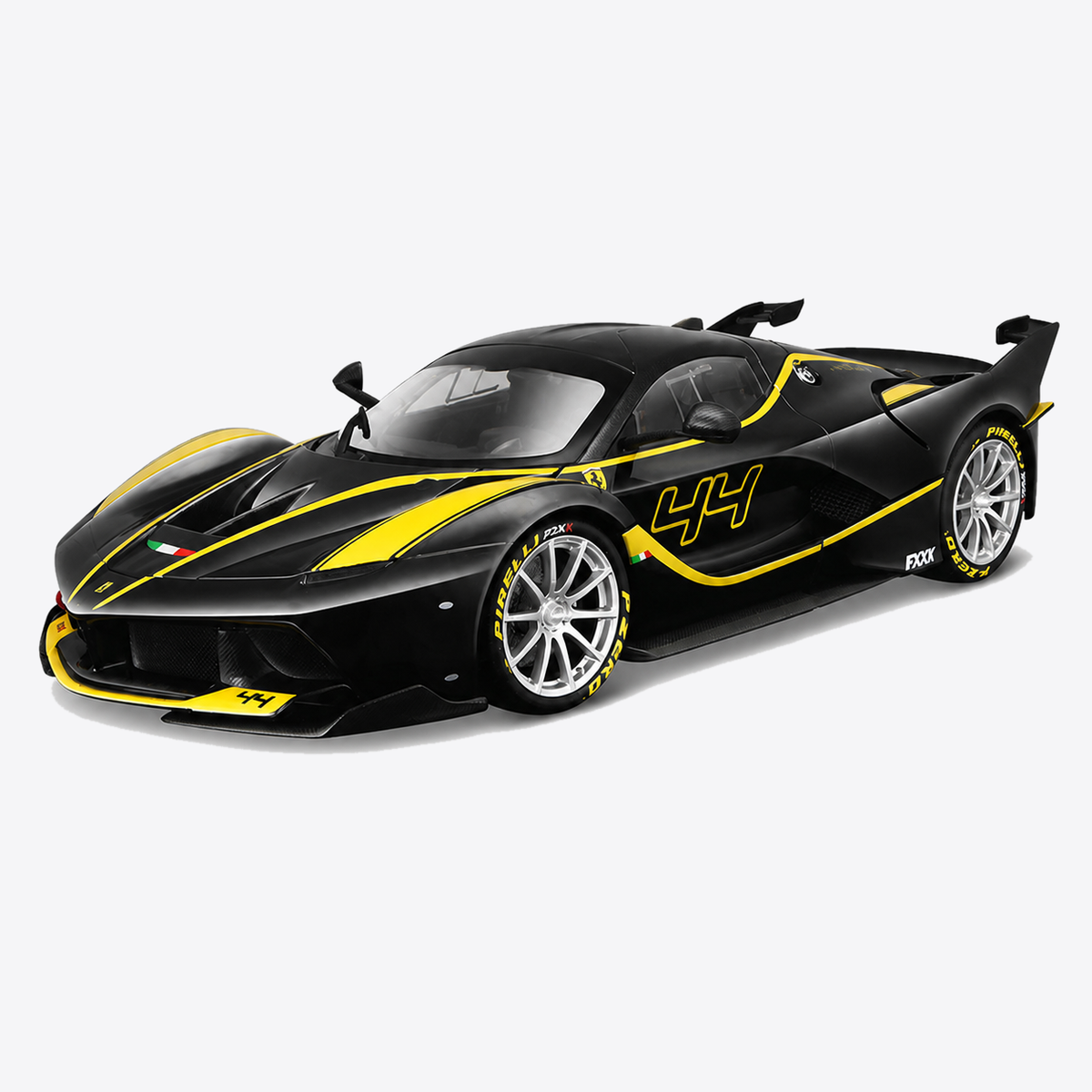 Ferrari FXX K Black and Yellow #44 front three-quarter view