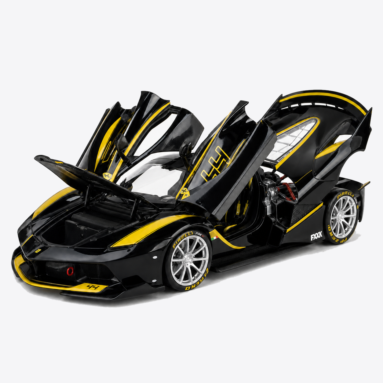 Ferrari FXX K Black and Yellow #44 with butterfly doors and body panels open