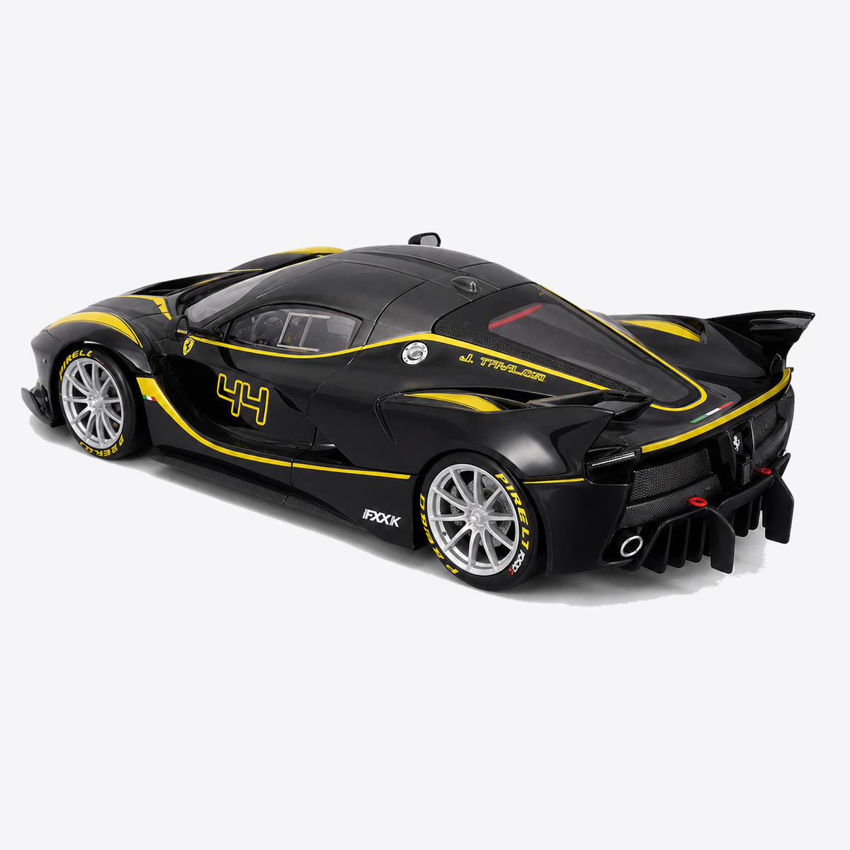 Ferrari FXX K Black and Yellow #44 rear three-quarter view