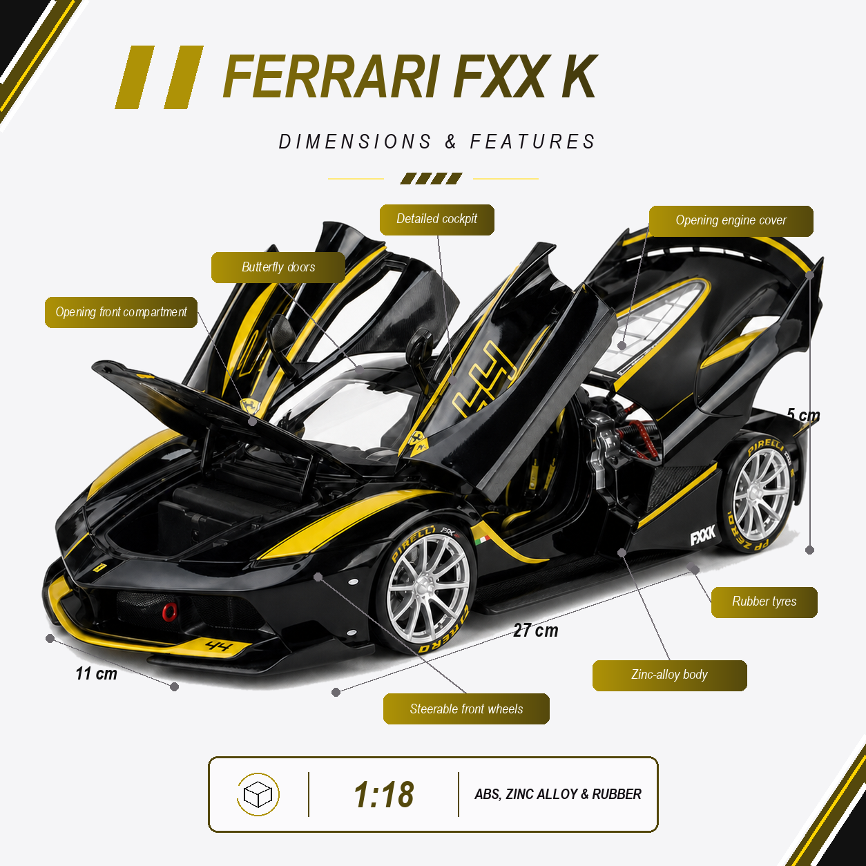 Ferrari FXX K 1:18 Black and Yellow #44 dimensions and opening features