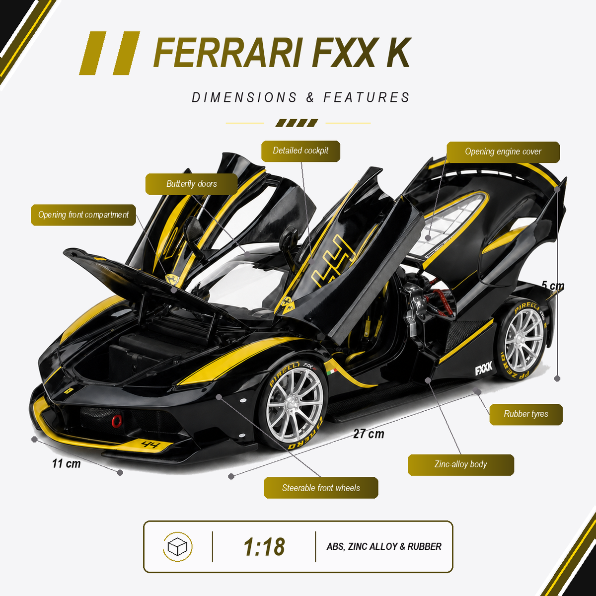 Ferrari FXX K 1:18 Black and Yellow #44 dimensions and opening features