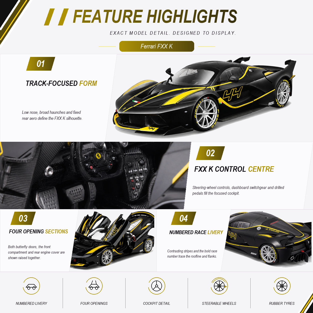 Ferrari FXX K Black and Yellow #44 feature highlights