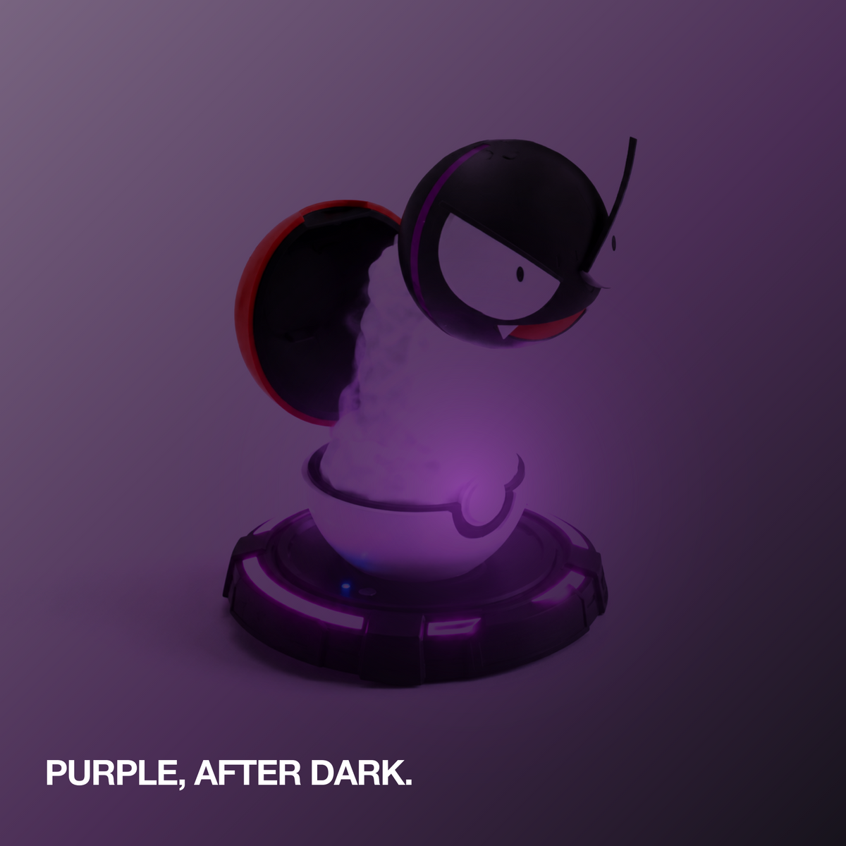 Gastly desk humidifier illuminated in purple after dark