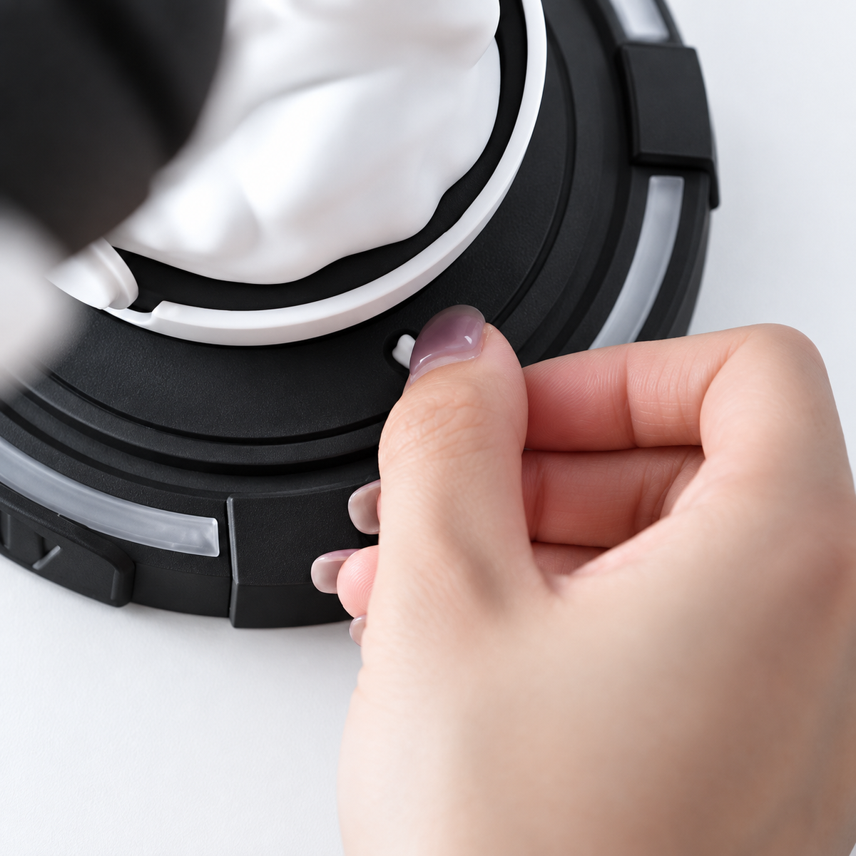 Close-up of a thumb pressing the Gastly display base control