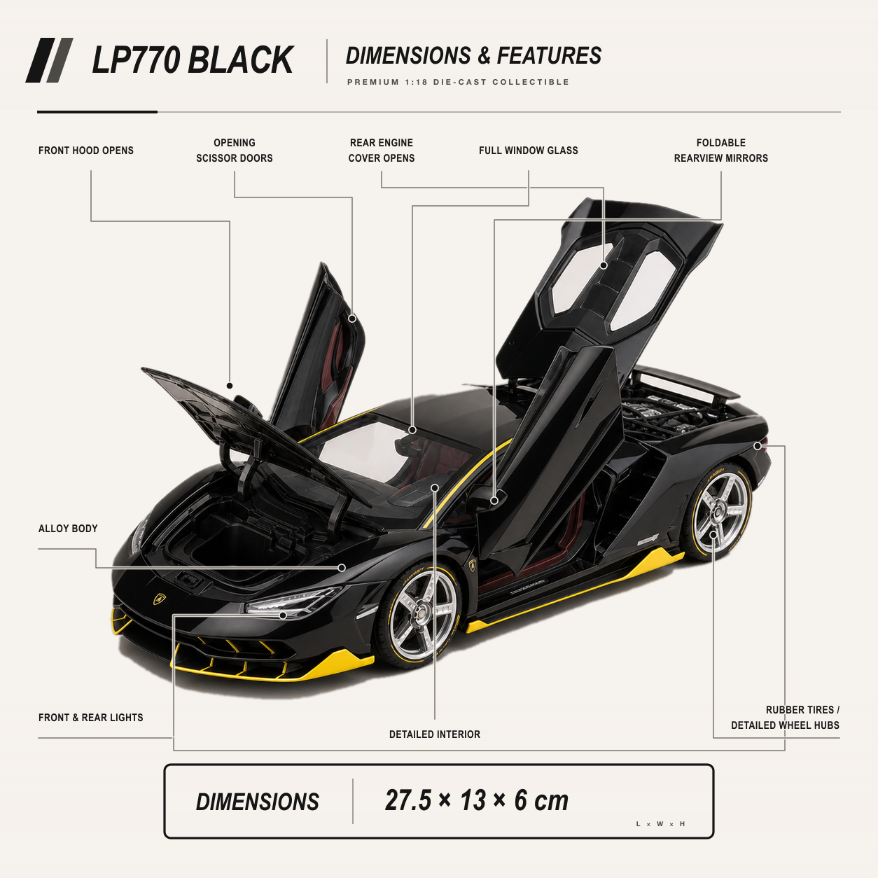 LP770 1:18 alloy model in black — dimensions features