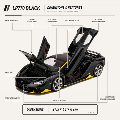 LP770 1:18 alloy model in black — dimensions features