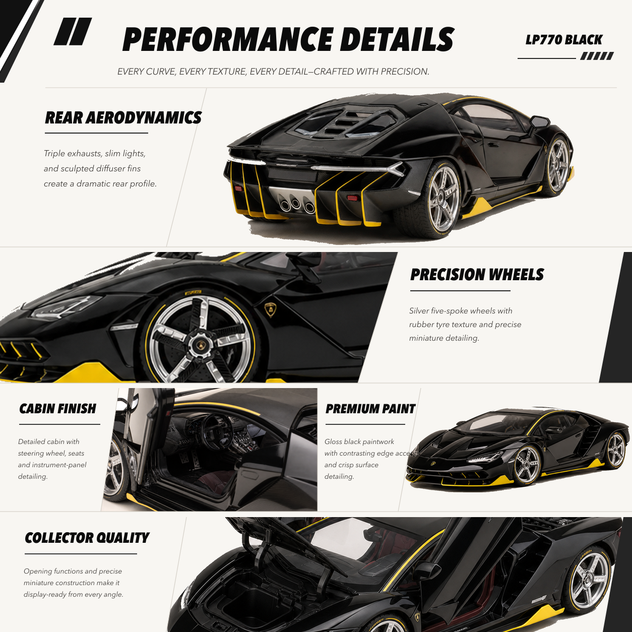 LP770 1:18 alloy model in black — performance details