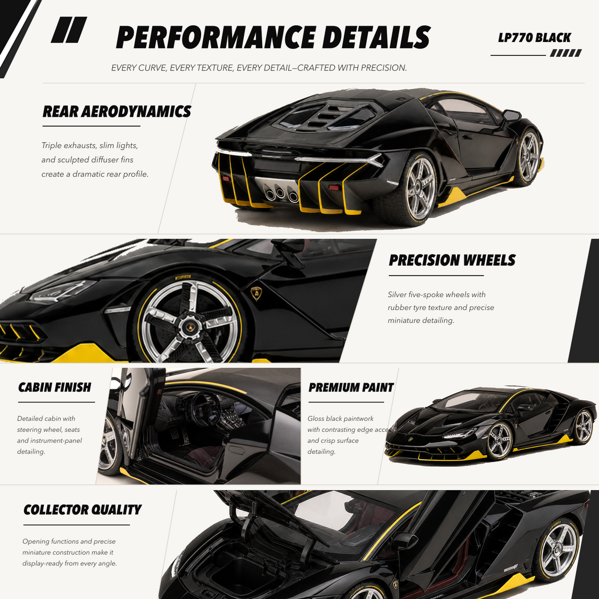 LP770 1:18 alloy model in black — performance details