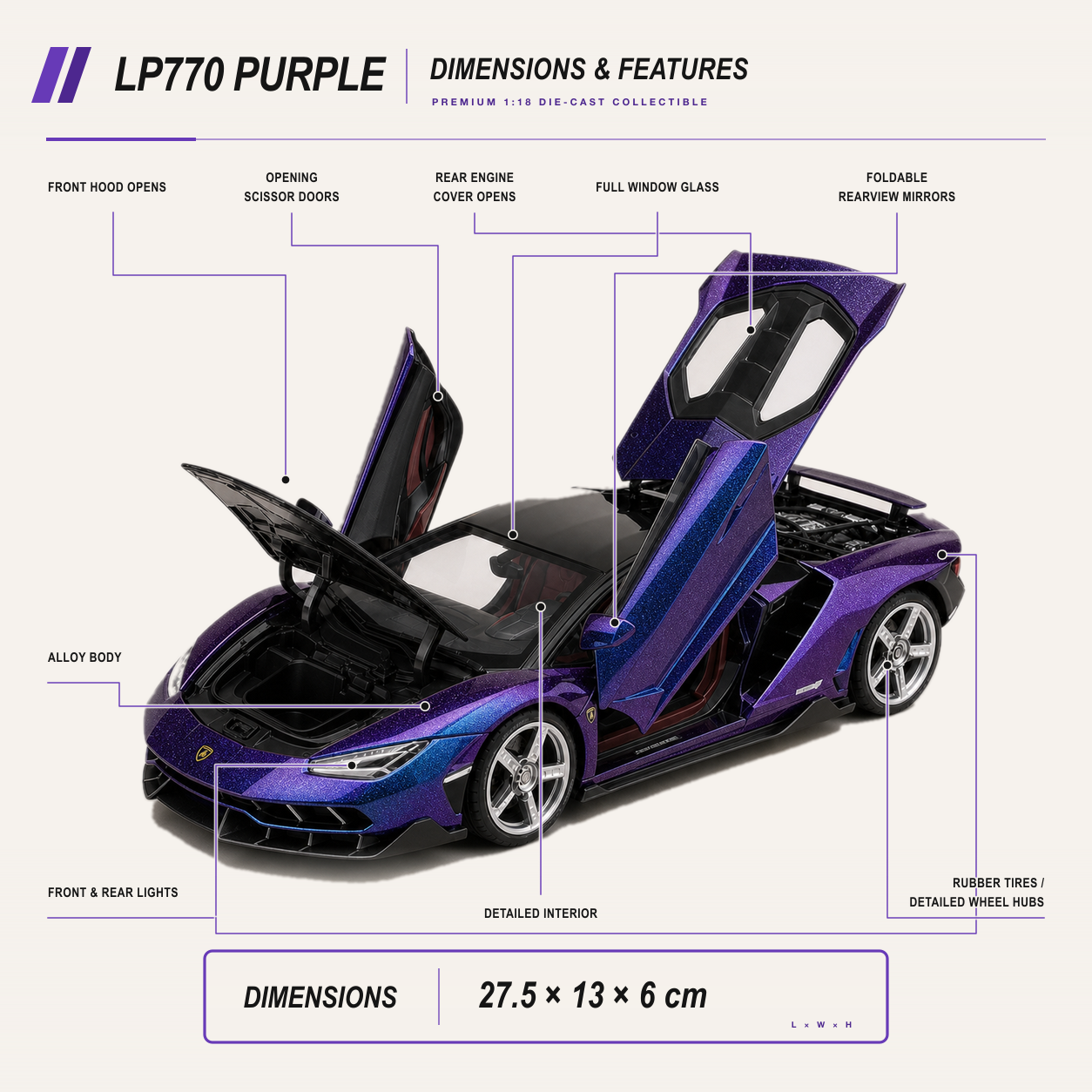LP770 1:18 alloy model in purple — dimensions features