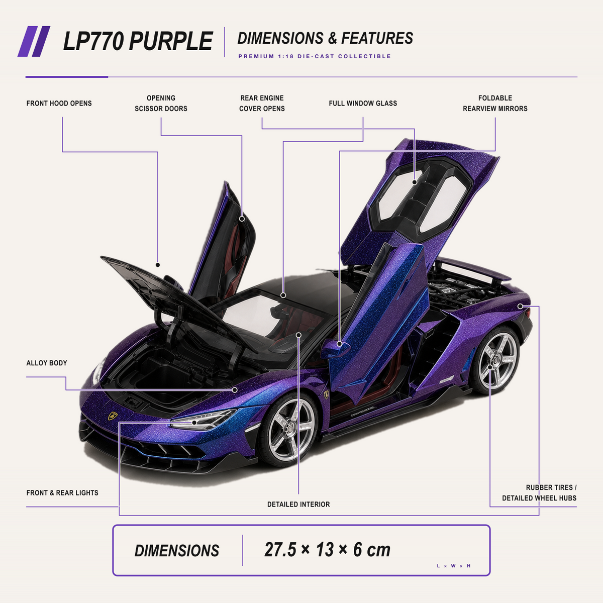 LP770 1:18 alloy model in purple — dimensions features