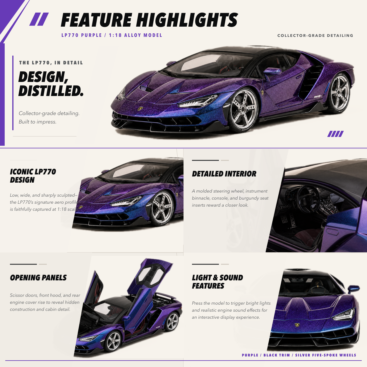 LP770 1:18 alloy model in purple — feature highlights