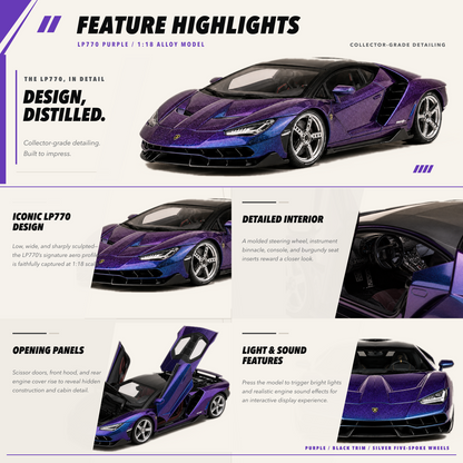 LP770 1:18 alloy model in purple — feature highlights
